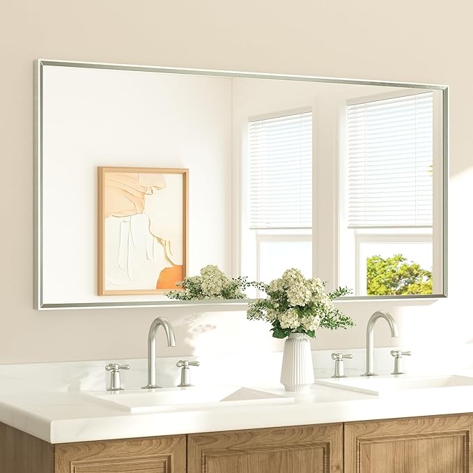 TETOTE Brushed Nickel Vanity Mirror for Bathroom 60" x 30" Beveled Frame Rectangle Bathroom Mirror for Over Sink Brushed Nickel, Tempered Glass, Stronger Frame, Modern Farmhouse Bedroom, Entryway
