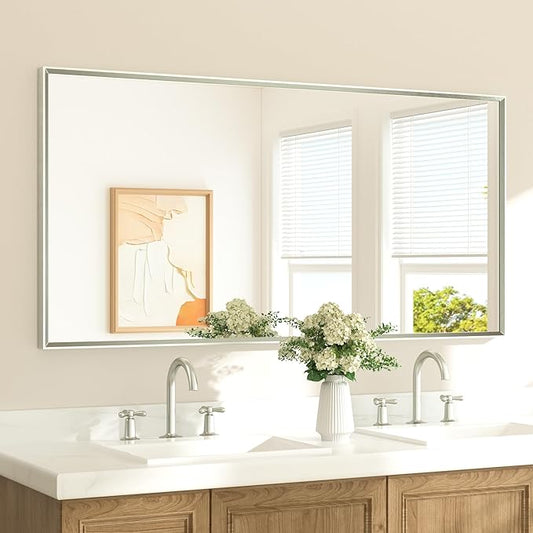 TETOTE Brushed Nickel Vanity Mirror for Bathroom 60" x 30" Beveled Frame Rectangle Bathroom Mirror for Over Sink Brushed Nickel, Tempered Glass, Stronger Frame, Modern Farmhouse Bedroom, Entryway