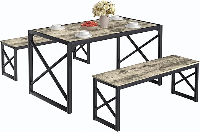 VECELO Kitchen Dining Table Set for 4, 55" Wood Rectangle Dinette with 2 Benches, Heavy-Duty Metal Frame for Small Space, Breakfast Nook, Grey