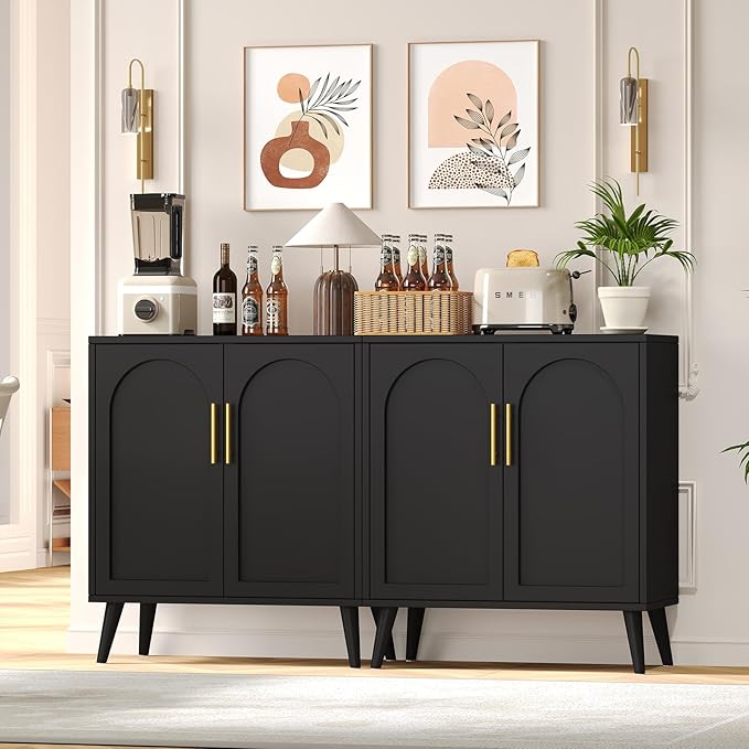 Rovaurx Set of 2 Storage Cabinet with 4 Doors, Accent Bathroom Floor Cabinet, Modern Sideboard Buffet Closet for Living Room, Entryway, Dining Room and Kitchen, Black BMGZ108B02