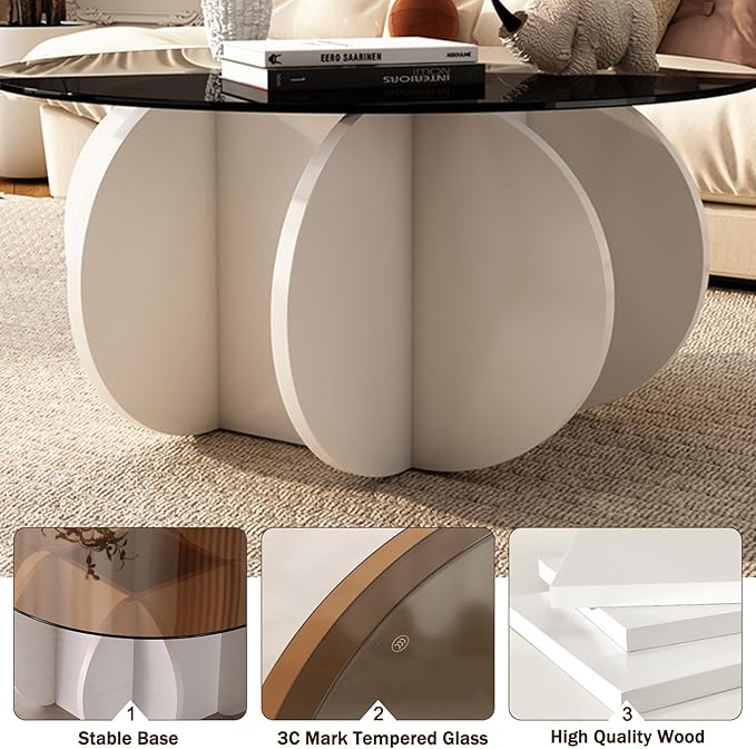 Round Coffee Table, Modern Glass Coffee Table for Living Room, Unique White Center Table with Tempered Glass Top & Solid Wood Legs, Circle Amber Accent Table for Small Spaces