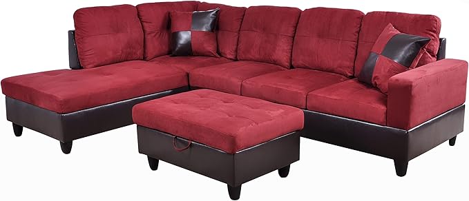 NicBex Sectional Couch 3 Pieces Sofa Set with Right Chaise Flannel PVC L Shaped Cloud Couch for Living Room Furniture Sets with Storage Ottoman, Modular Sofa for Living Room & Apartment, Red+Black