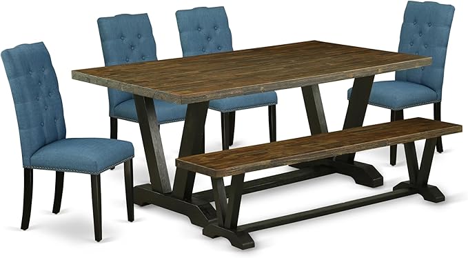 East West Furniture V677EL121-6 6 Piece Modern Dining Table Set Contains a Rectangle Wooden Table with V-Legs and 4 Blue Linen Fabric Parson Chairs with a Bench, 40x72 Inch, Multi-Color