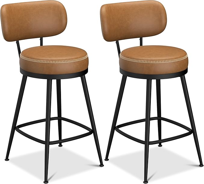 Counter Height Bar Stools, 26" H Swivel Barstools Set of 6, Faux Leather Kitchen Counter Stools with Back and Stylish Stitching, Metal Frame, Pub, Home Bar, Whisky Brown