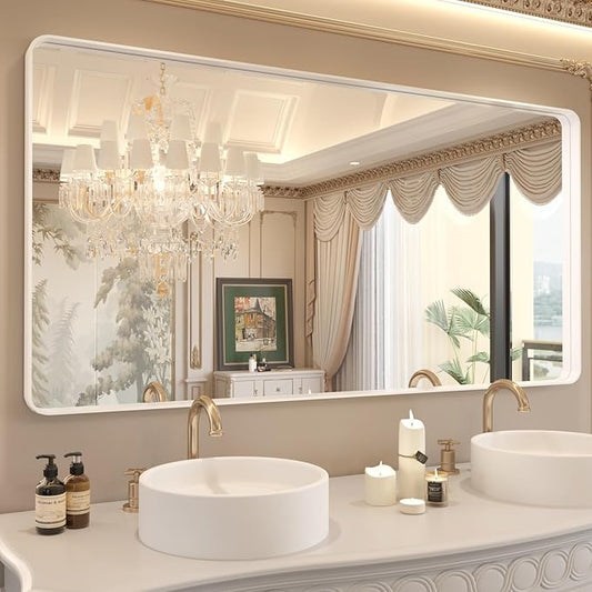 WEER White Bathroom Mirror 60X30 Inch, Rounded Rectangle White Metal Frame Mirror, Matte White Bathroom Vanity Mirror with Tempered Glass, Anti-Rust, Hangs Horizontally or Vertically