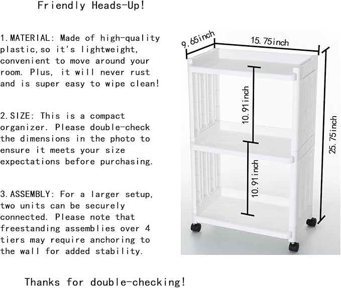 3 Tier Rolling Storage Cart for Bathroom Toilet Side Storage Shelf with Wheels Movable Organization Rack Organizer Shelving Unit Bathroom Cart Office Cart (Normal Size)