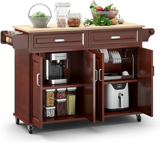 Rovibek Kitchen Island On Wheels Rolling Islands with Storage & Drawers Cabinet Spice Rack Towel Rack, Brown