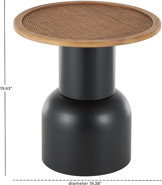 Deco 79 Metal Handmade Side End Accent Table Pedestal End Table with Brown Rattan Tabletop, Side Table 19" x 19" x 20", Black