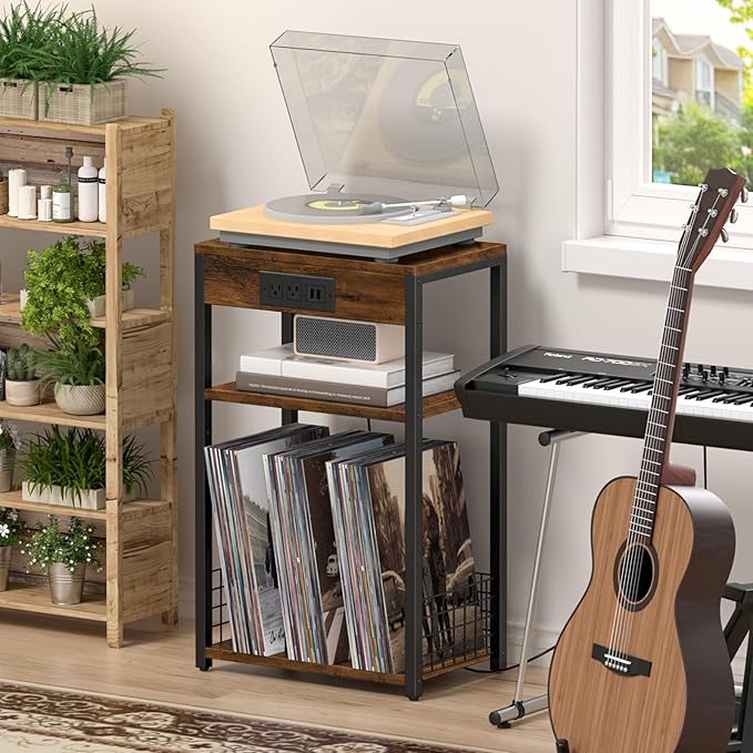 LELELINKY 3 Tier End Table with Charging Station, Brown Record Player Stand with Storage Up to 100 Albums Brown, Night Stand with USB Port, Nightstand for Small Spaces