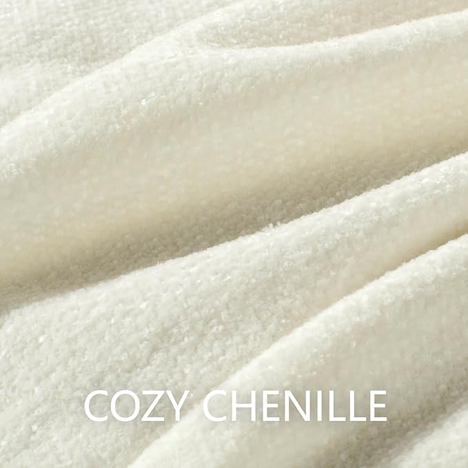 Chenille Throw Blanket for Couch 60"X 80" Twin, Soft Cozy Throws with Fringe Tassel for Bed Sofa Chair Cover, Lightweight Knitted Decorative Boho Blankets for Living Room, Ivory White