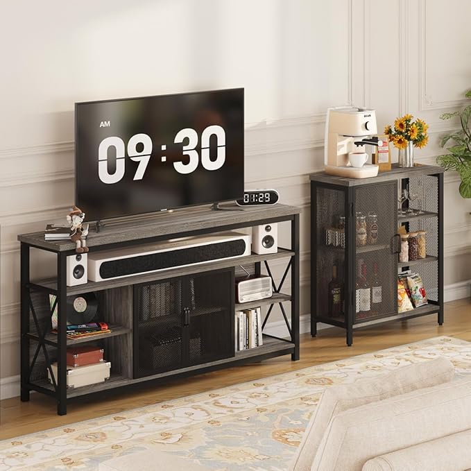BON AUGURE Liquor Cabinet Bar for Home, Farmhouse Coffee Storage Cabinet for Kitchen, Small Wood Sideboard Buffet Station Cabinets with Door (Dark Grey Oak, 36")
