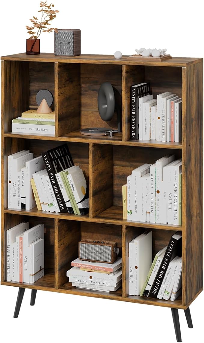 8 Cube Bookshelf 3 Tier Mid-Century Rustic Brown Modern Bookcase with Legs,Retro Wood Book Shelf Storage Organizer Shelf,Freestanding Organizer Display Shelf for Bedroom,Living Room,Office