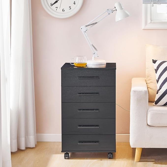HOOBRO 5-Drawer File Cabinet, Office Cabinet with Drawers, Wooden Storage Cabinet with Wheels for Makeup, Home Office, Study, Easy Assembly, Black BK05WJ01