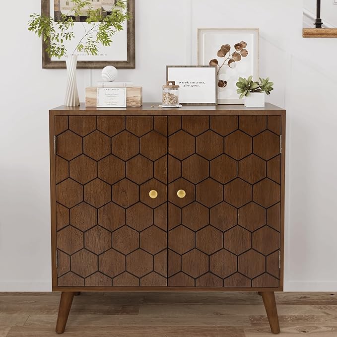 COSIEST 32" Storage Sideboard with Doors, Adjustable Shelf, Decorative Modern Accent Furniture for Living Room, Entryway, Kitchen (Brown, Honeycomb Pattern)
