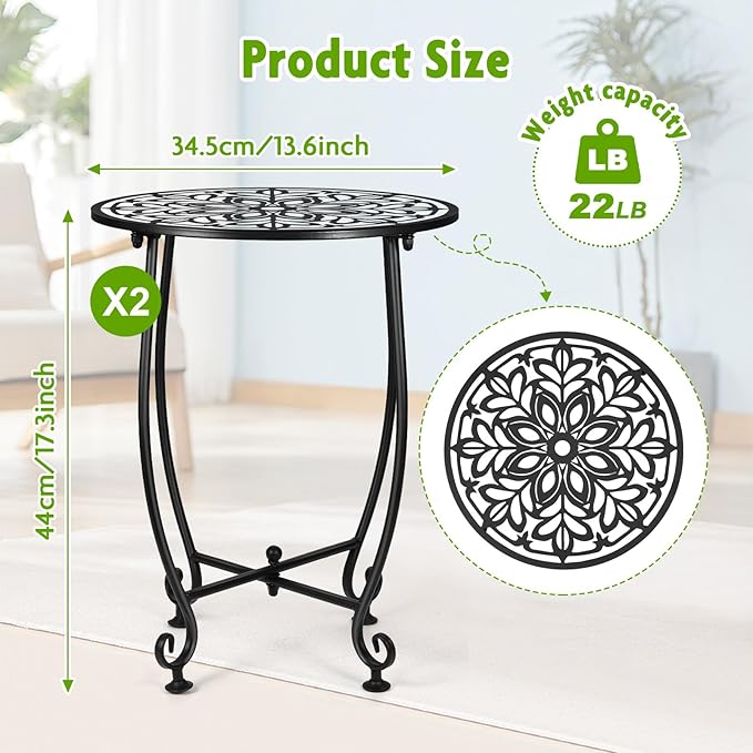 2 Pack Outdoor Side Table for Small Spaces, 14 Inch Patio Side Table,Plant Stand,Round Metal End Table Anti-Rust Waterproof Accent Table for Patio,Yard Porch Balcony Garden