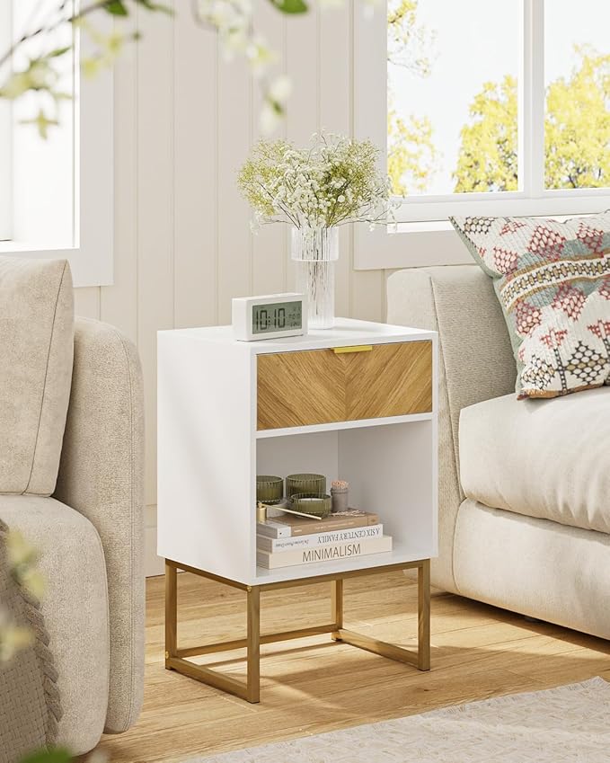 Nightstand, Boho Night Stand Wood Farmhouse Bedside Table with Storage, End Side Table for Bedroom,Living Room,White