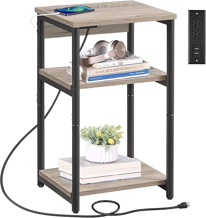TUTOTAK End Table with Charging Station, Nightstand, 3-Tier Couch Side Table with USB Ports and Outlets, Bedside Table for Small Space, Living Room TB01BG026