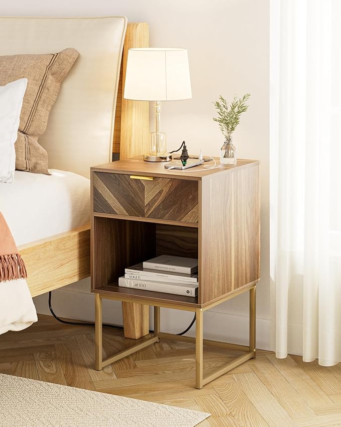 Nightstand with Charging Station,Modern Night Stand Boho Farmhouse Wood Bedside Table with Storage Drawer and Open Shelf,Side End Table for Bedroom,Living Room,Walnut