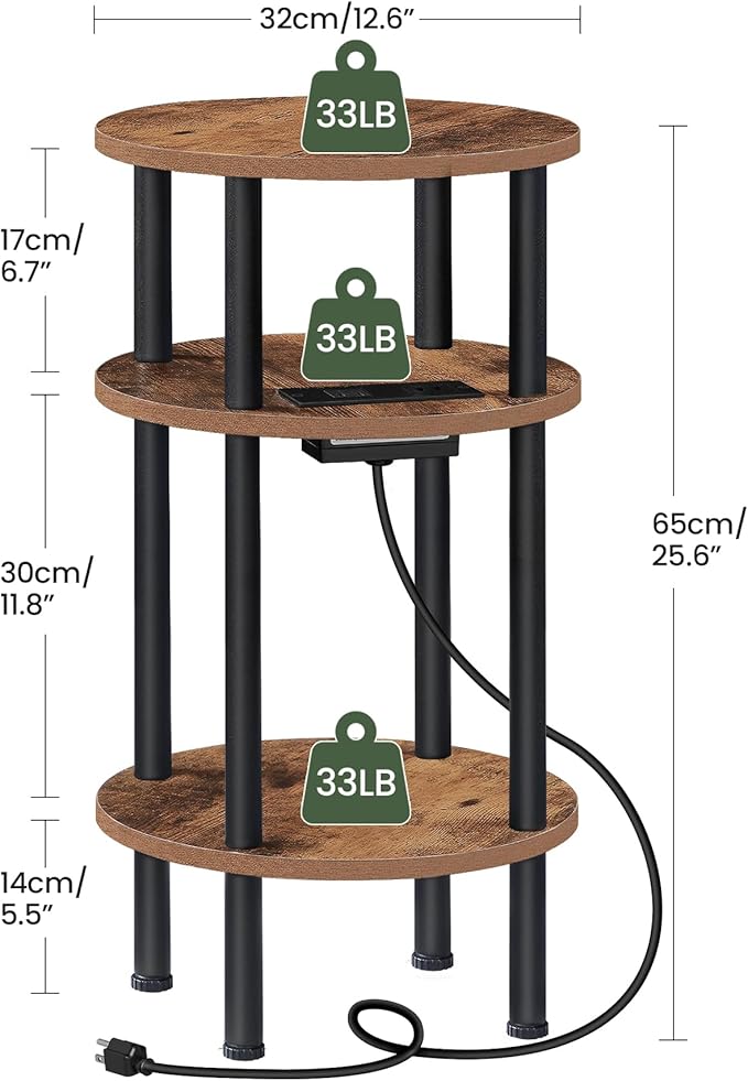 Round Side Table with Charging Station, Small Round End Table, 3-Tier Sofa Side Tables for Small Spaces, Nightstand for Living Room, Bedroom, Rustic Brown and Black TBZ06UBF