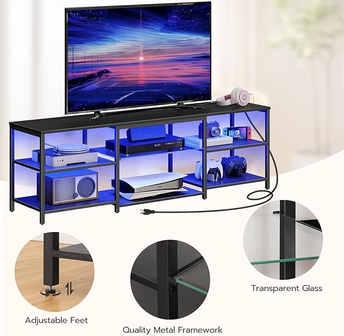 HOOBRO LED TV Stand for 75 Inch TVs with Charging Station, Gaming Entertainment Center with 3-Tier Open Storage, Long 63” Media TV Console Table, TV Stand for Living Room, Bedroom, Black BB21UDDS01