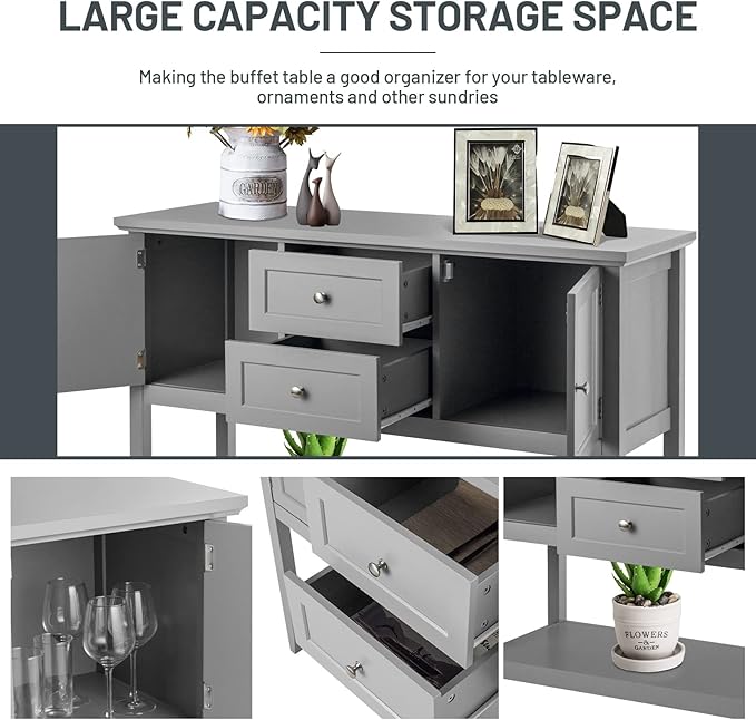 COSTWAY Buffet Sideboard, with 2 Wood Storage Drawers & Open Shelf, Console Table for Living Room Kitchen Dining Room Furniture (Grey)
