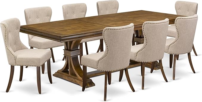 LESI9-AWA-04-9-pc Modern Dining Set Consists of a Dining Table and 8 Light Tan Linen Fabric Mid Century Dining Chairs with Button Tufted Back - Antique Walnut Finish