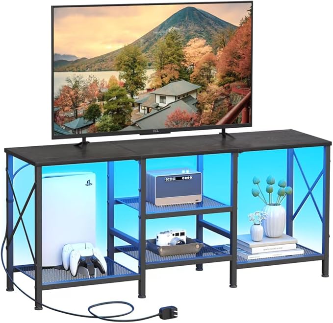 TV Stand with LED Lights for 55 Inch TV, Entertainment Center with 3-Tier Open Shelves, TV Console Table for Living Room, Bedroom, Black