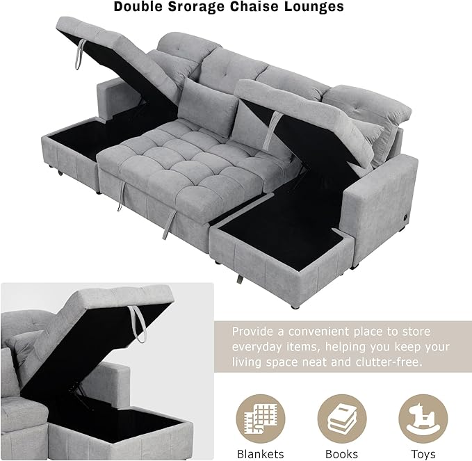 Ball & Cast 110.2" Oversized Versatile Sectional Sleep Sofa with Two USB Ports,U-Shape 4 Seat Pull-Out Couch w/Double Storage Chaise Lounges,for Living Room,Apartment,Office,Gray