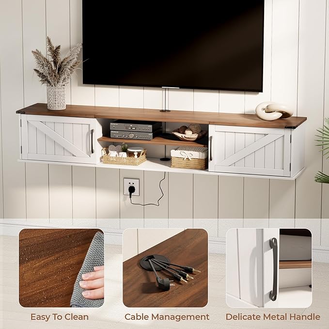 Floating TV Stand with Doors, 63'' Farmhouse Floating TV Shelf for TVs up to 80 Inch, 2 Tier Wall Mounted TV Stand, Floating Entertainment Center, TV Floating Cabinet for Living Room, Bedroom, White