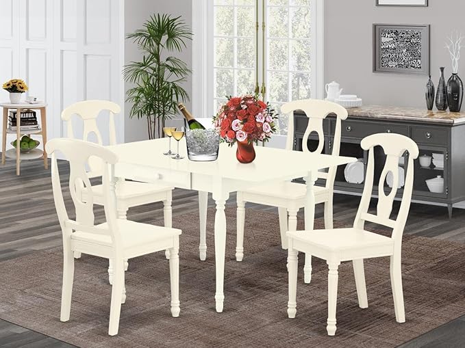 East West Furniture MZKE5-LWH-W 5 Piece Dining Room Furniture Set Includes a Rectangle Kitchen Table with Dropleaf and 4 Dining Chairs, 36x54 Inch, Linen White