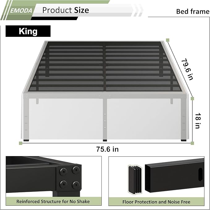 EMODA 18 Inch King Bed Frame with White Fabric Cover, Heavy Duty Metal King Platform Bed Frame No Box Spring Needed, Noise Free, Easy Assembly
