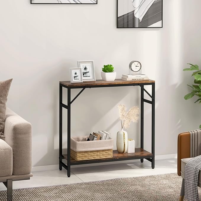 Narrow Console Table, Small Entryway Table with 2 Support Bar, 2 Tier Sofa Table, 29.5" Thin Couch Table, Display Table, Side Table for Living Room, Hallway, Bedroom, Rustic Brown