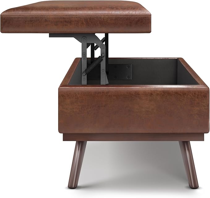 SIMPLIHOME Owen 42 inch Wide Mid Century Modern Rectangle Lift Top Large Coffee Table Storage Ottoman in Distressed Saddle Brown Vegan Faux Leather, Assembled, for the Living Room and Entryway