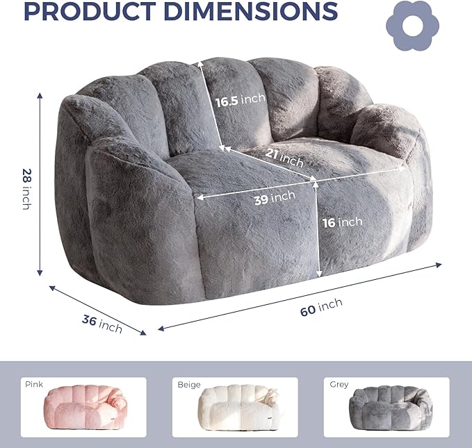 MAXYOYO Bean Bag Chair for Adults, Loveseat Floral Shaped Bean Bag Sofa, Ultra Soft Love Seat Mini Sofa Couch, Faux Fur Reading Chair for Living Room Bedroom, Dark Grey