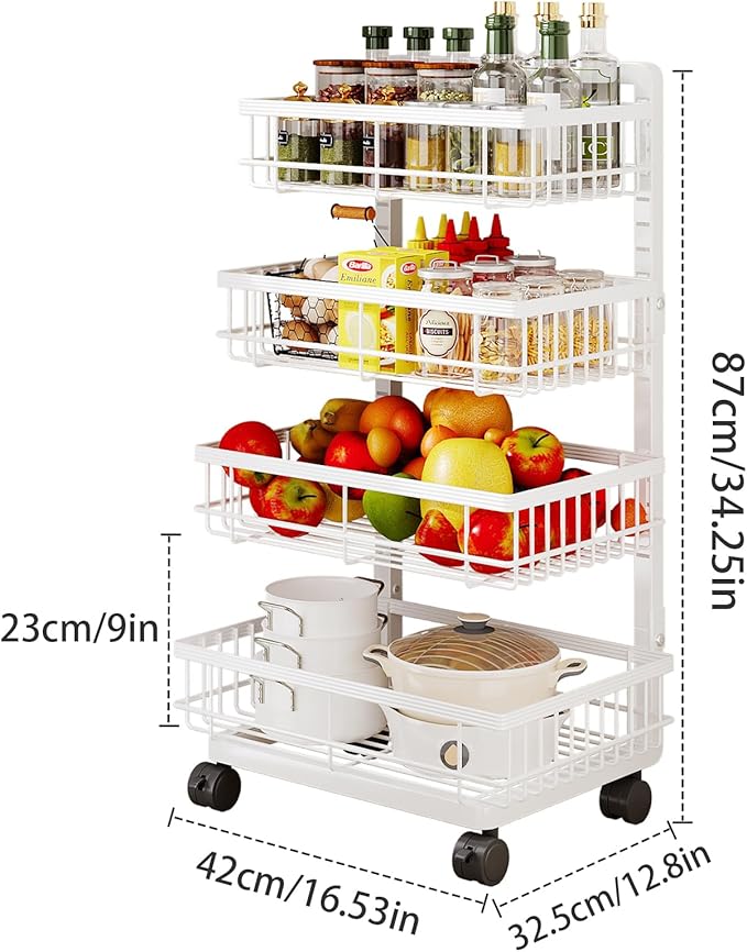 4-Tier Kitchen Storage Cart, Metal Utility Rolling Cart with Wheels, Versatile Rolling Storage Snack Cart, Adjustable Fruit Vegetable Basket Rack for Pantry, Bathroom, Kitchen, Office (Milky White)