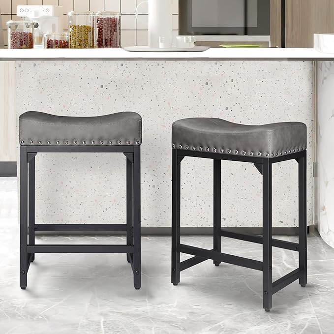 Counter Height Bar Stools Set of 3, Stools for Kitchen Island Set of 3, 24 Inch Counter Stool Saddle Backless Barstools for Kitchen Counter -Grey