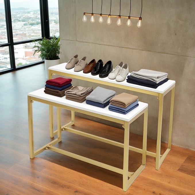 Gold 2-Piece Set Retail Display Tables Modern Nesting Tables - Metal Display Riser Shelf for Shoes, Handbags, Home, Clothing Shops & Retail Stores - 110lbs Load Capacity