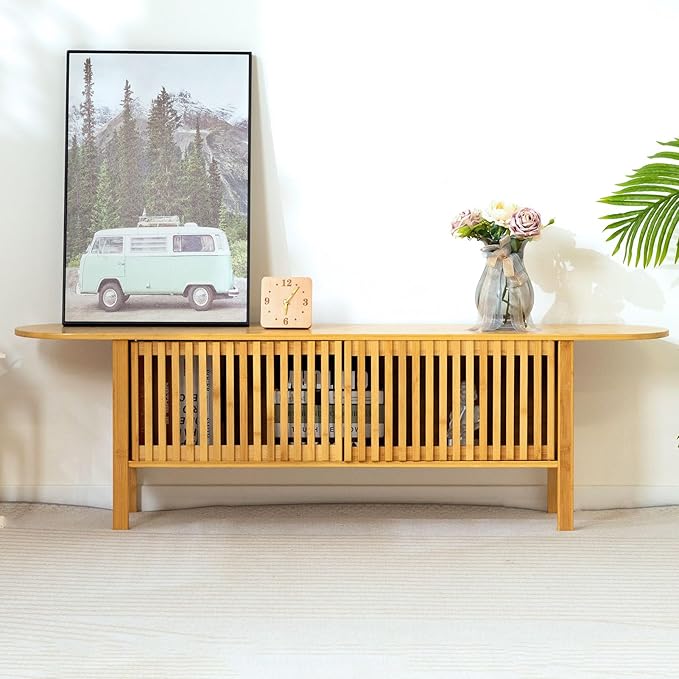 HollyHOME Bamboo TV Stand with Storage for TVs up to 65", Modern Entertainment Center with Fence Door, Accent TV Table with 2 Shelf, Media Console TV Stand for Living Room, Bedroom, Burlywood