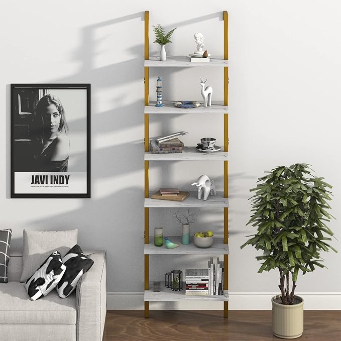 Ladder Shelf 6 Tiers Marble White Modern Bookshelf Open Tall Wall Mount Bookcase Standing Leaning Wall Shelves Industrial Decorative Living Room Bed Room