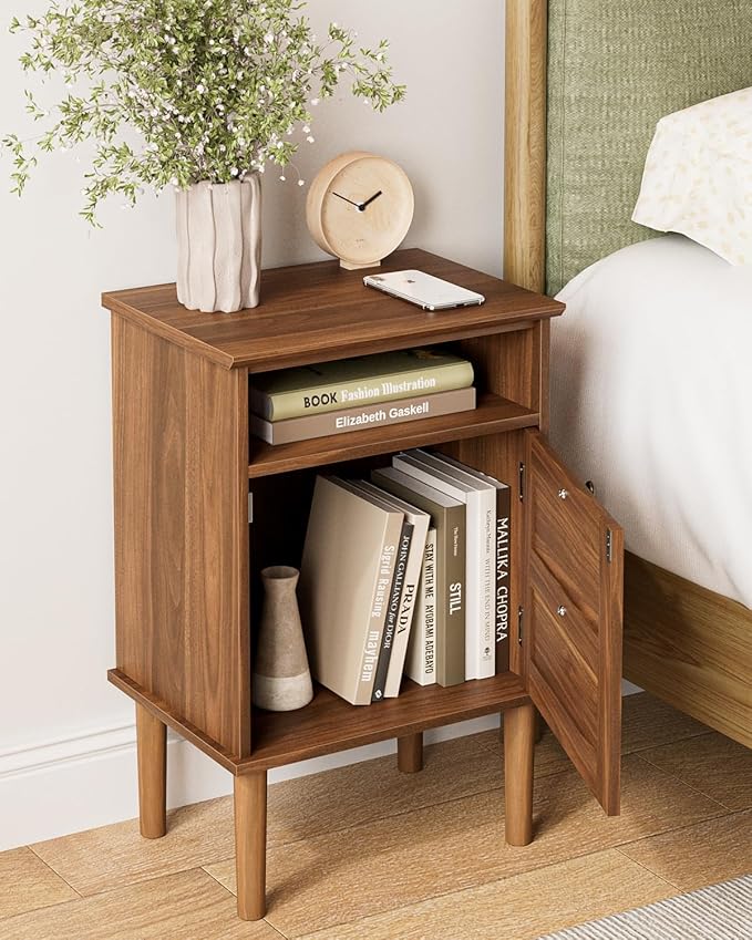 Nightstand, Boho Night Stand with 1 Drawer, Modern Side Accent Table with Open Shelf, Wooden Top Bedside End Table for Bedroom, Living Room, Walnut