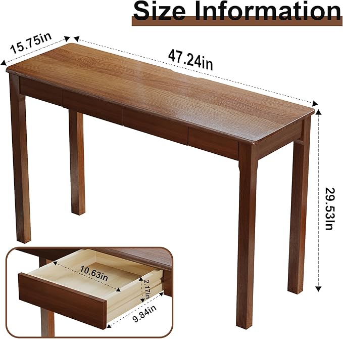 Solid Wood Desk with Drawers - 47 x 16 Inch Vintage Narrow Desks, Mid Century Modern Desks, Rubber Wood Study Table, Small Writing Desk for Bedroom|Small Spaces - Walnut Color