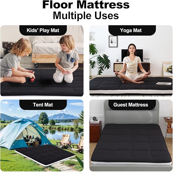Tiita Queen Memory Foam Mattress Topper, 4" Thicken Futon Floor Mattress with Storage Bag and 2 Straps, Portable Roll Up Travel Car Camping Mattress Sleeping Pad, Black