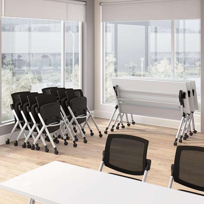 Bush Business Furniture Folding Training Table Set for 2, 72 inch, 2 Mesh Back Folding Chairs, Commercial-Grade Bundle for Office or Classroom, Envision Collection, White