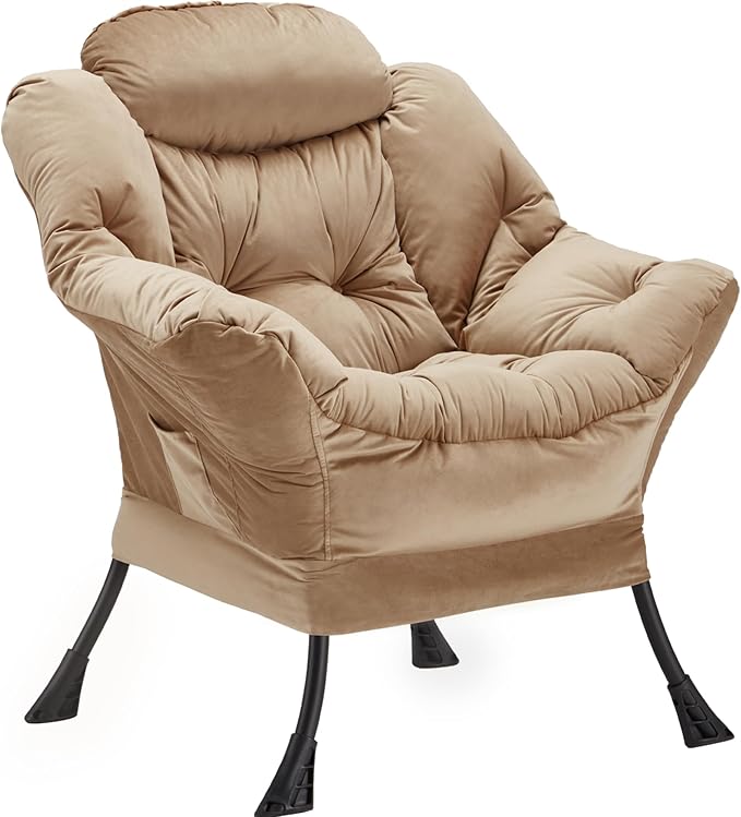 Lazy Chair Thick Padded, Comfy Velvet Accent Lounge Chair with Stable Frame, Leisure Sofa Armchair with Armrests and Side Pocket, Reading Chair for Bedroom, Living Room, Office, Khaki