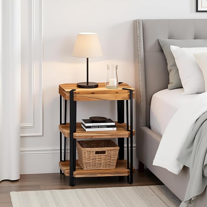 Ryegate 3-Tier End Table with Storage “ Live Edge Solid Acacia Wood Side Table with Industrial Metal Frame and 2 Open Lower Shelves for Living Room, Bedroom, Entryway by Alaterre Furniture