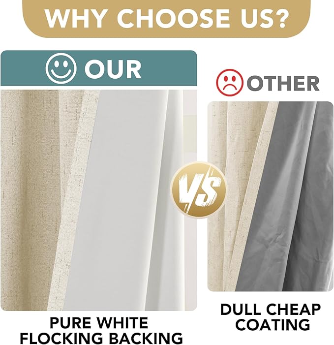 H.VERSAILTEX 100% Blackout Curtains for Bedroom Thermal Insulated Linen Textured Curtains Heat and Full Light Blocking Drapes Living Room Curtains 2 Panel Sets, 42x45 Inch, Bleached Sand