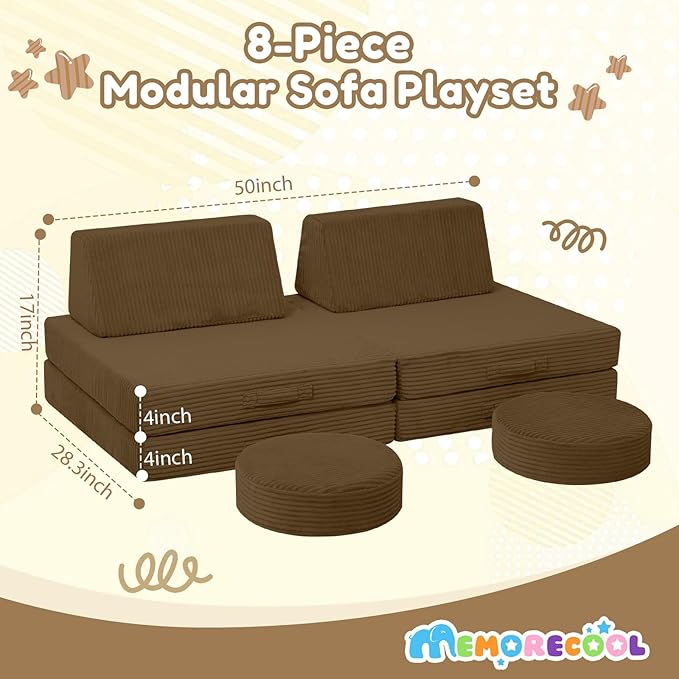 MeMoreCool Kids Couch for Playroom, Corduroy Convertible Toddler Couch, 8 Piece Modular Play Sofa, Foam Fort Building Set for Child Room Furniture, Brown