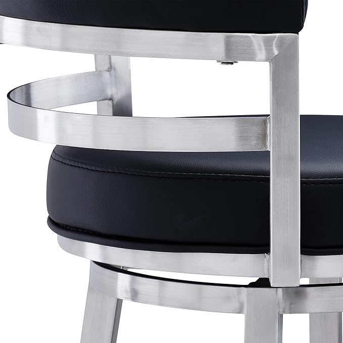 Armen Living Madrid 30" Seat Height Swivel Modern Black Faux Leather and Brushed Stainless Steel Bar Stool for Kitchen Island Counter