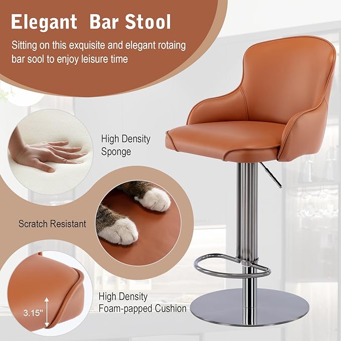 CozyRain Bar Stools Adjustable Stainless Steel Swivel Barstool with Back and Footrest,Modern Leather Upholstered Bar Chairs for Home,Kitchen,Bar, Counter Brown/Grey (Brown)