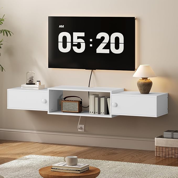 HOOBRO 55" Floating TV Stand with Power Outlet, Modern Wall Mounted Media Console Shelf Cabinet for Under TV Storage, Entertainment Center, Living Room, Bedroom, White WT11UDS01